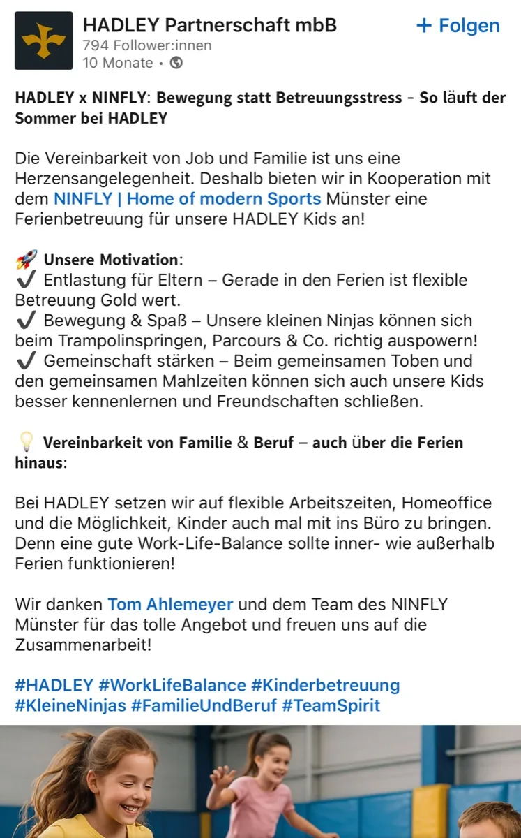 LinkedIn-Beitrag von Hadley Partnerschaft mbB über die Ferienbetreuung im NINFLY